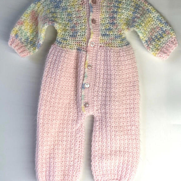 Other - Vintage Handmade Baby Girl Pink Knit Bubble Romper Long Sleeve One Piece